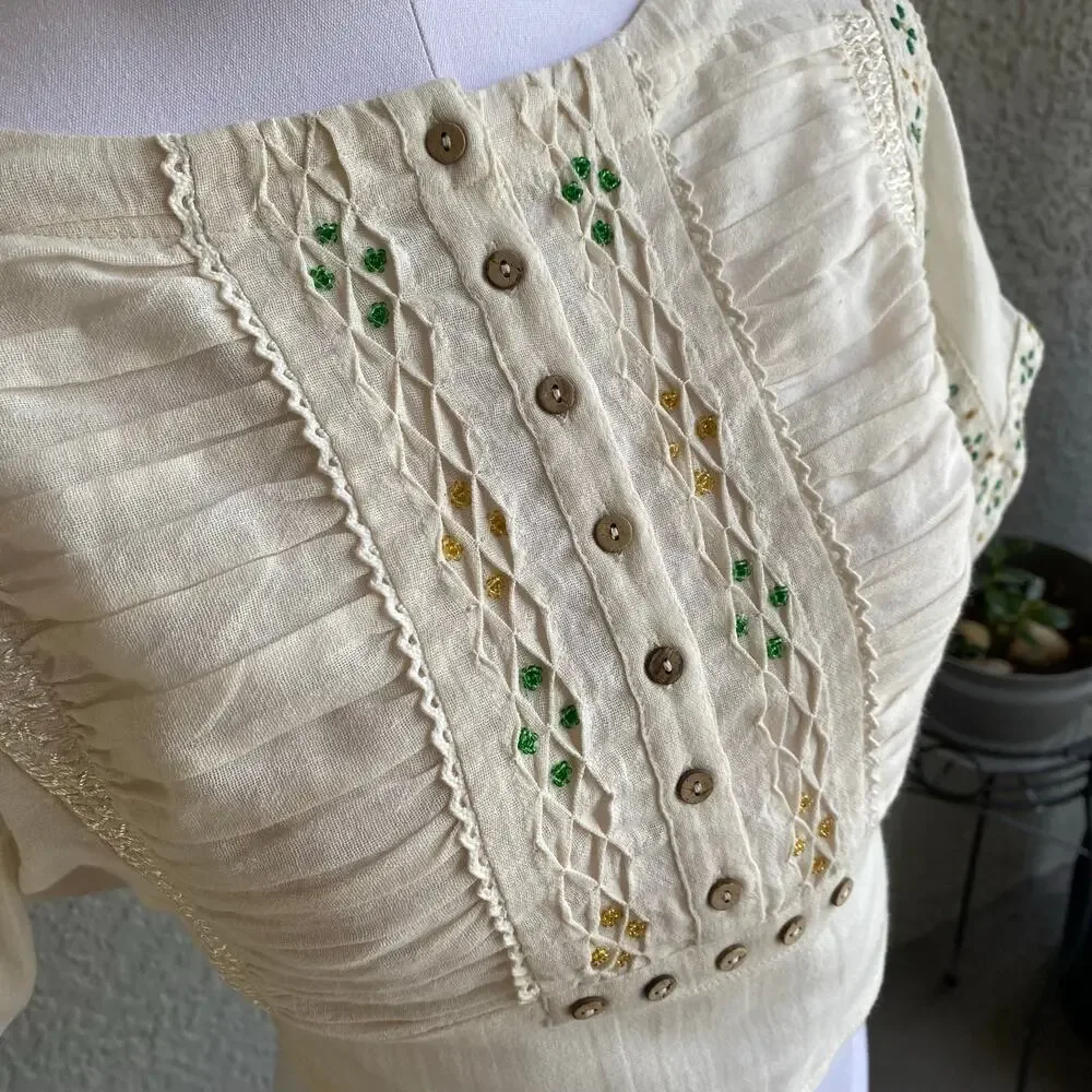 Free People Crop Blouse Button Front Flare Sleeve Ruched Back Boatneck Beige XS
